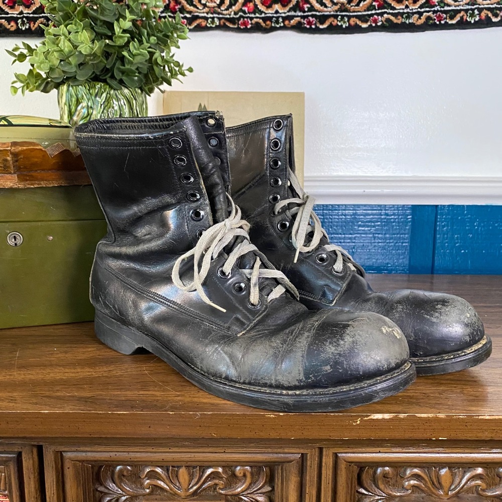 Vintage Black Leather Combat Boots Lace Up Military Distressed Round Toe Mens